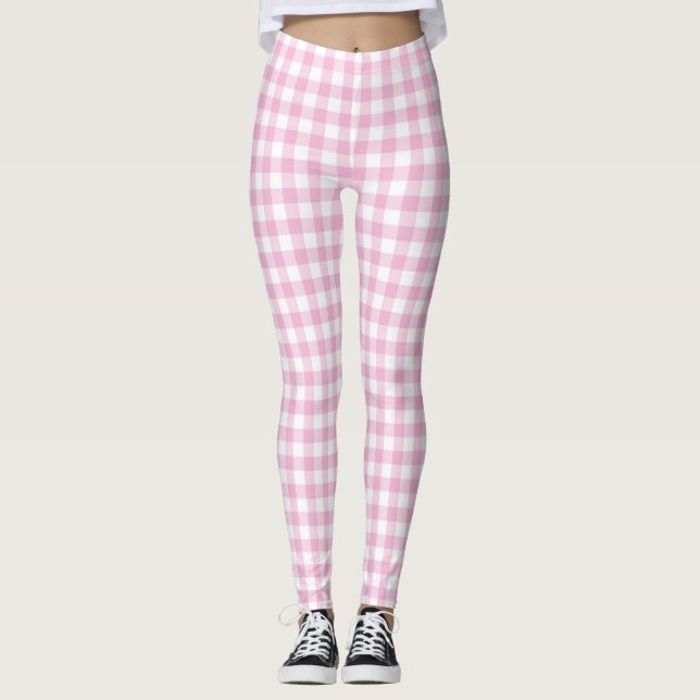  Cotton Candy Pink Gingham Women Leggings (Front)
