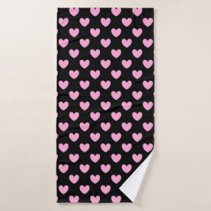 Cotton Candy Pink polka hearts on black Bath Towel