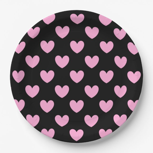 Cotton Candy Pink polka hearts on black Paper Plate (Front)