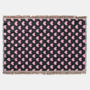 Cotton Candy Pink polka hearts on black Throw Blanket