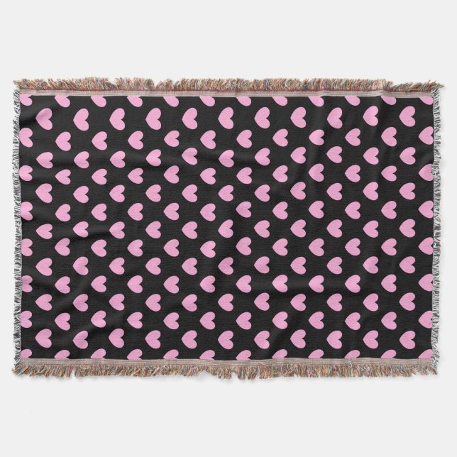 Cotton Candy Pink polka hearts on black Throw Blanket (Front)