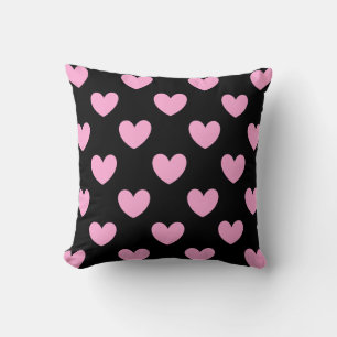 Cotton Candy Pink polka hearts on black Throw Pillow