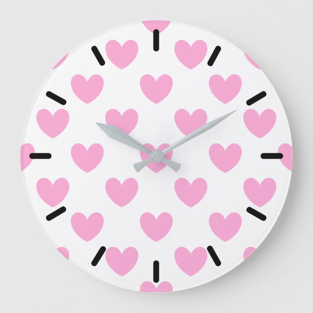 Cotton Candy Pink polka hearts on white Large Clock (Front)