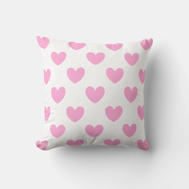 Cotton Candy Pink polka hearts on white Throw Pillow (Front)