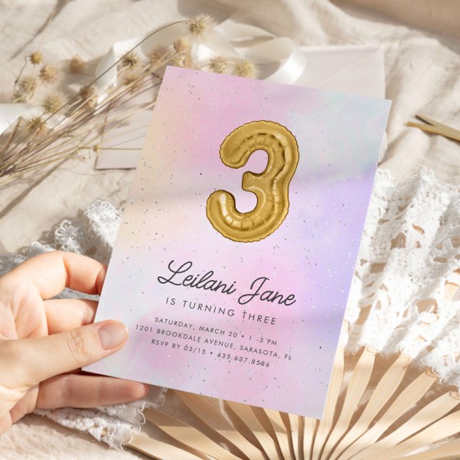 Cotton Candy Watercolor Girls 3rd Birthday Balloon Invitation (Creator Uploaded)