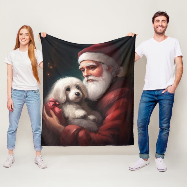 Cotton De Tulear With Santa Claus Christmas Fleece Blanket (In Situ)