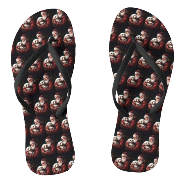 Cotton De Tulear With Santa Claus Christmas Flip Flops (Footbed)