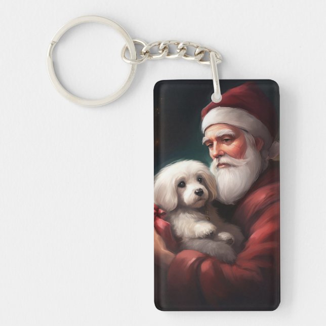 Cotton De Tulear With Santa Claus Christmas Keychain (Front)