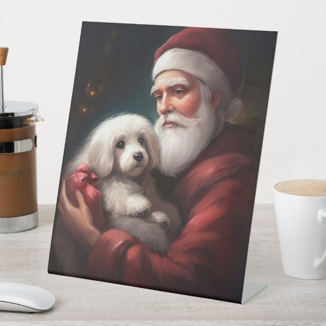 Cotton De Tulear With Santa Claus Christmas Pedestal Sign (In SItu)