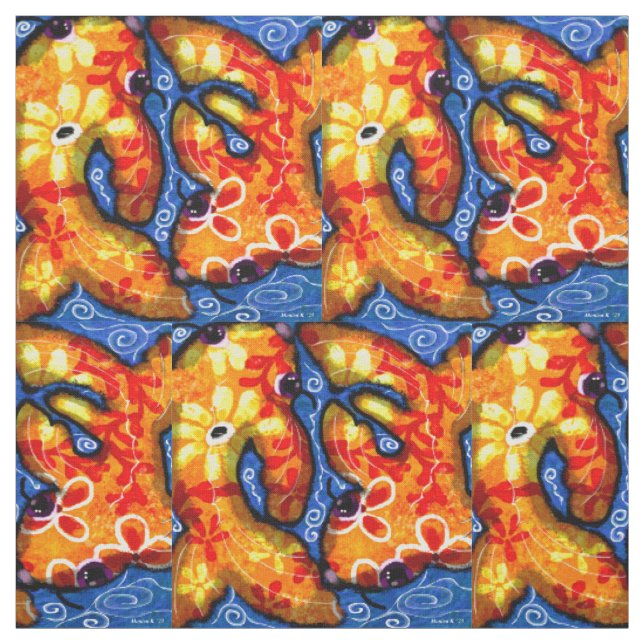 Cotton Fabric - Whimsical Abstract Koi Fish Blue (Swatch)