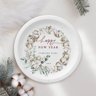Cotton Flower Wreath Happy New Year Holiday Paper Plate