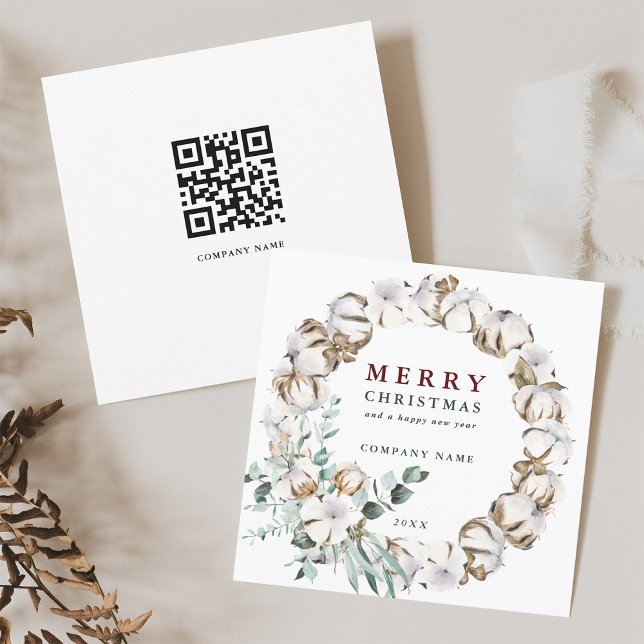 Cotton Flower Wreath Holiday Card with QR Code (Front & Back)