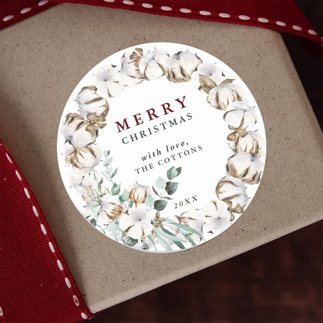 Cotton Flower Wreath Merry Christmas Classic Round Sticker (Creator Uploaded)