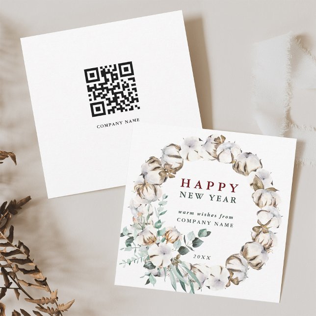 Cotton Flower Wreath New Year Card with QR Code (Front & Back)