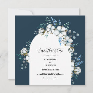 Cotton flowers and eucalyptus save the date