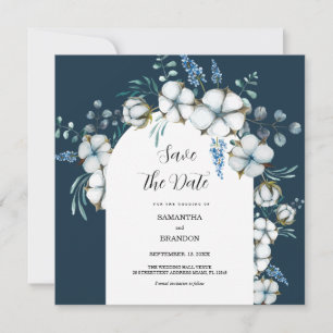 Cotton flowers and eucalyptus save the date