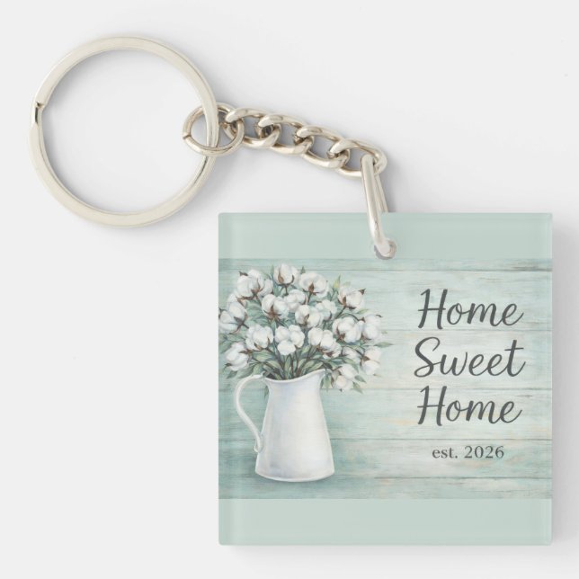 Cotton Flowers Farmhouse Rustic Keychain (Front)
