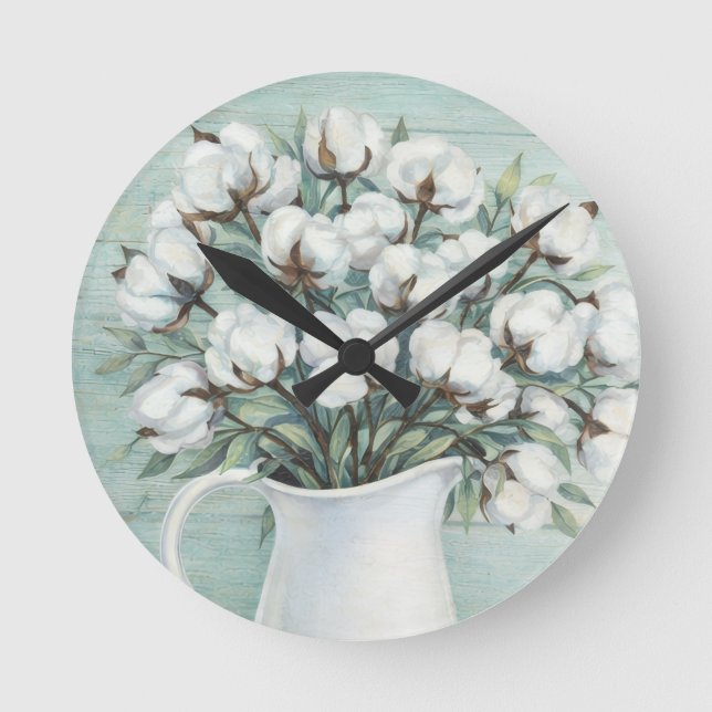 Cotton Flowers Farmhouse Rustic Wall Clock (Front)