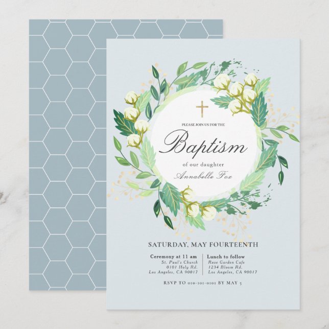 Cotton Garden Wreath Blush Baby Blue Baptism Invitation (Front/Back)