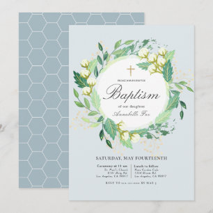 Cotton Garden Wreath Blush Baby Blue Baptism Invitation