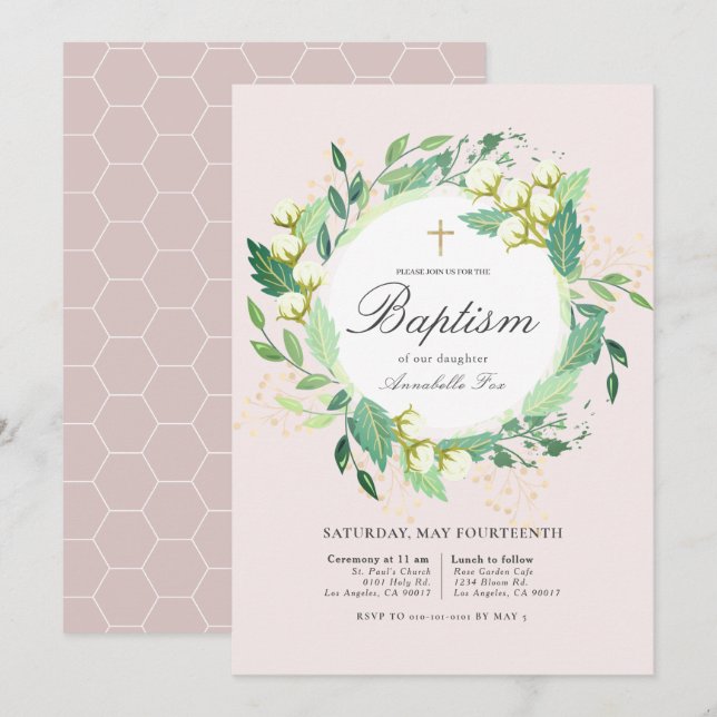 Cotton Garden Wreath Blush Pink Girl Baptism Invitation (Front/Back)