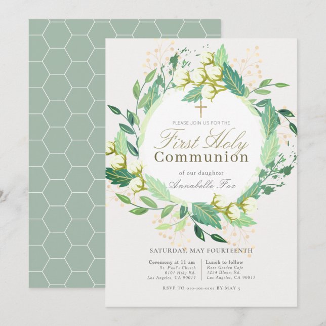 Cotton Garden Wreath Green First Holy Communion Invitation (Front/Back)