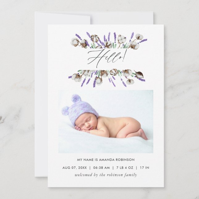 Cotton Lavender Birth Announcement Photo Card (Front)