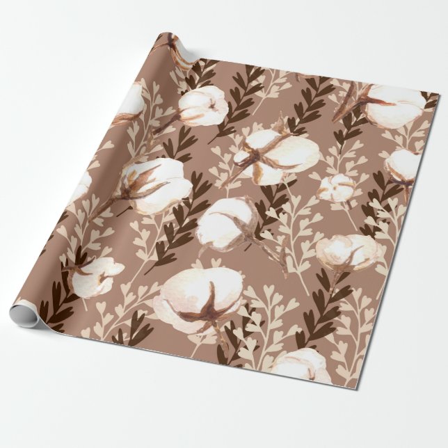 Cotton Plant Pattern Brown Wrapping Paper (Unrolled)