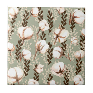 Cotton Plant Pattern Green Tile