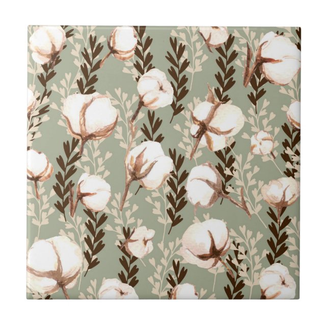 Cotton Plant Pattern Green Tile (Front)
