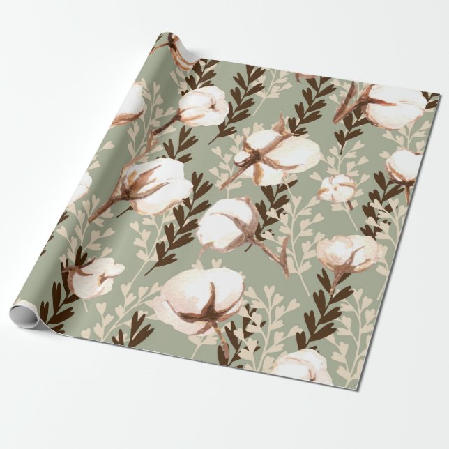 Cotton Plant Pattern Green Wrapping Paper (Unrolled)