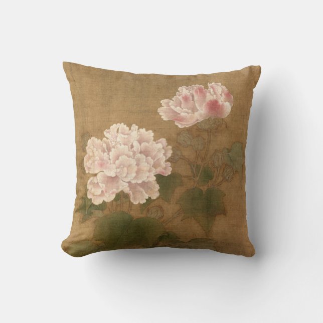 Cotton Rose Blossoms Antique Oriental Chinese Art Throw Pillow (Front)
