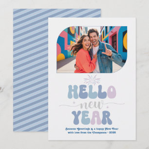 Cotton Sky Hello New Year Blue Retro Photo Holiday Card