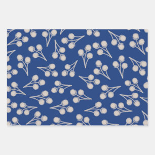 Cotton Stems Botanical Pattern in Blue and Stone Wrapping Paper Sheet