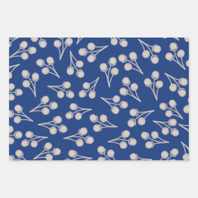 Cotton Stems Botanical Pattern in Blue and Stone Wrapping Paper Sheet (Front)