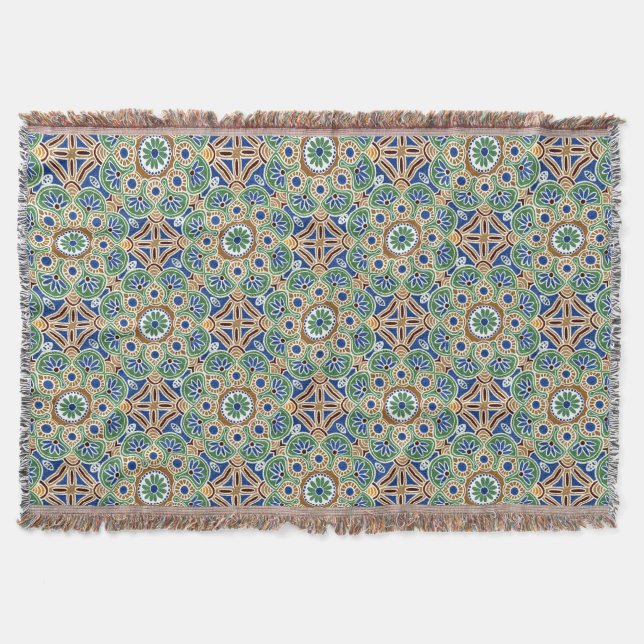 Cotton Throw Blanket with fringe, Medallion design (Front)