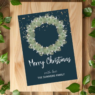 Cotton White Pine Wreath Merry Christmas Holiday Card