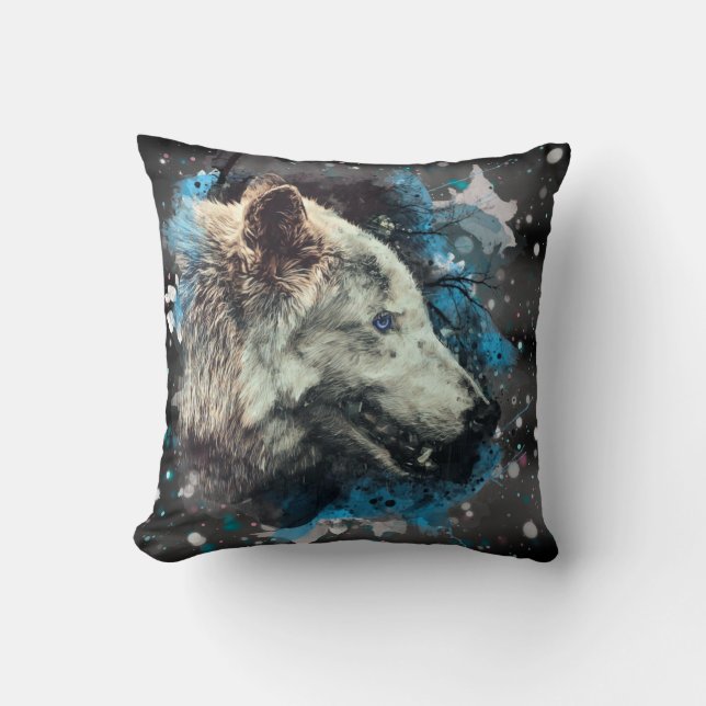 *~* Cotton Wolf Totem Blue Abstract Throw Pillow (Front)