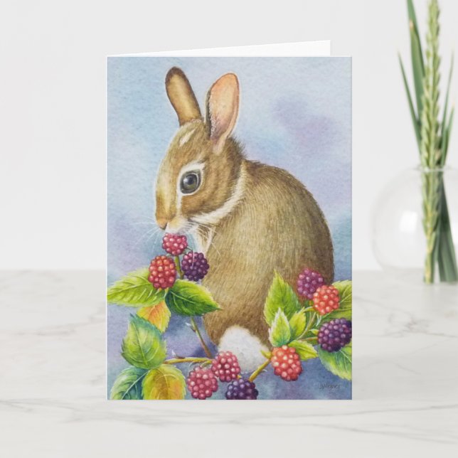 Cottontail Rabbit and Blackberries Watercolor Art Card (Front)