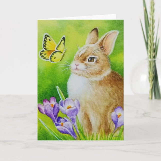 Cottontail Rabbit Butterfly Crocus Watercolor Art Card (Front)