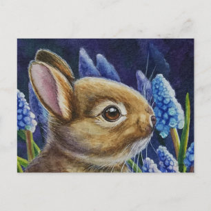 Cottontail Rabbit & Grape Hyacinth Watercolor Art Postcard