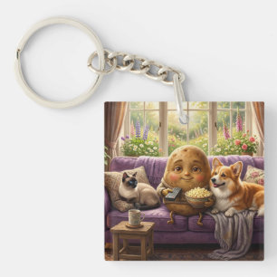 Couch Potato Corgi and Cat Keychain