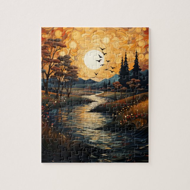 Coucher de soleil avec oiseaux et puzzle de ruisse (Vertical)