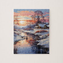 Coucher de soleil d'hiver dans le puzzle du pays