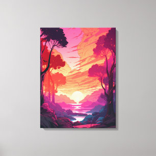 Coucher de soleil rose serein : toile étirée