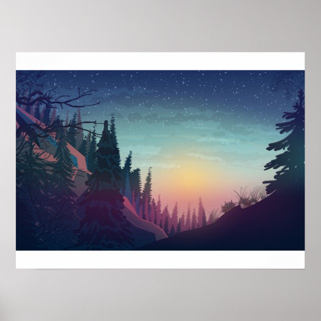 Coucher de soleil sur forêt poster (Front)