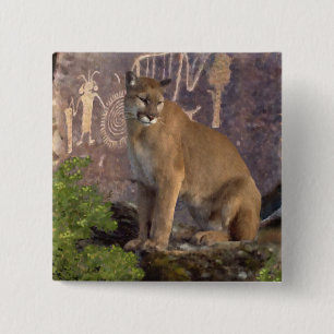 Cougar and Pictographs 2 Inch Square Button