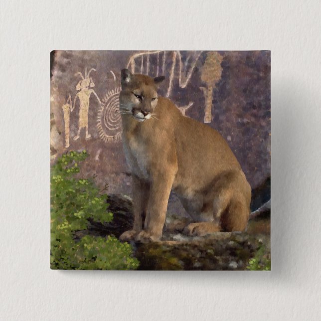 Cougar and Pictographs 2 Inch Square Button (Front)