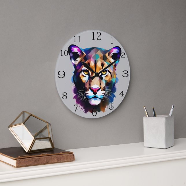 Cougar Color Splash Abstract Art, Large Clock (Office)