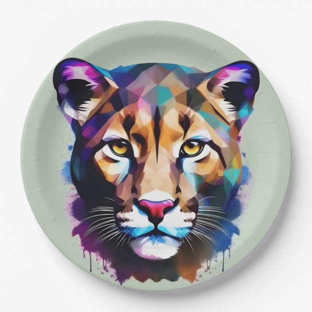 Cougar Color Splash Abstract Art, Paper Plate (Front)